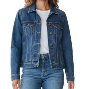 LEVIS Blue Dark Wash Denim Trucker Jean Jacket Red Tab Pockets Cotton Stretch M